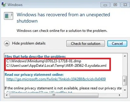 Windows の予期しないシャットダウン エラー ウィンドウにミニダンプ ファイルの場所が示されます。