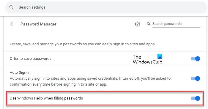 Option Windows Hello dans Chrome Password Manager