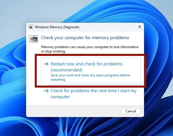 Ejecutando la herramienta de diagnóstico de memoria de Windows.