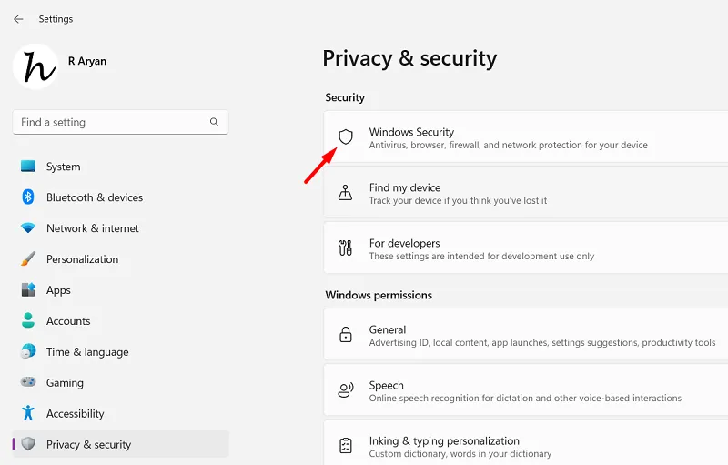 Seguridad de Windows en Privacidad y seguridad
