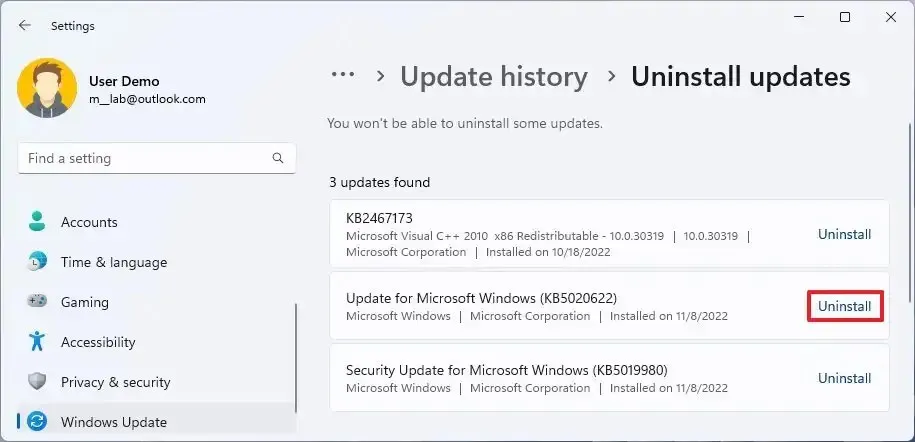 Aggiornamento di disinstallazione di Windows 11