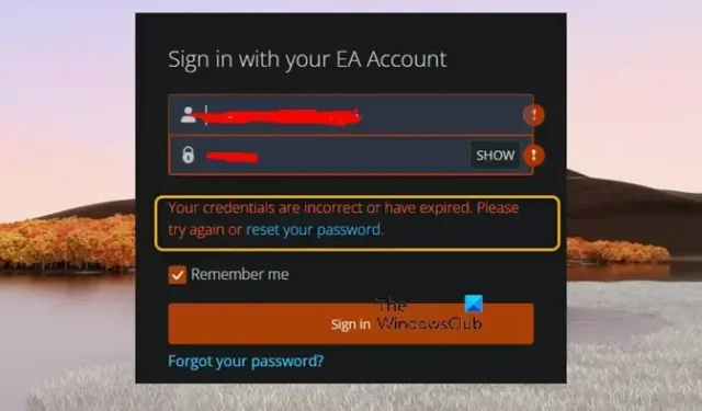 Tus credenciales son incorrectas o han caducado en EA