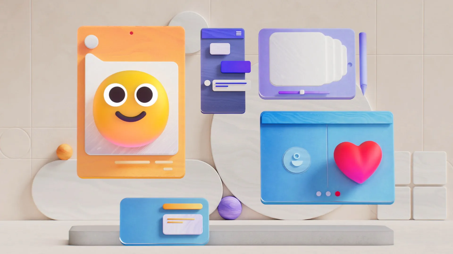 Design Emoji 3D di Microsoft che mostra volti sorridenti e altre illustrazioni