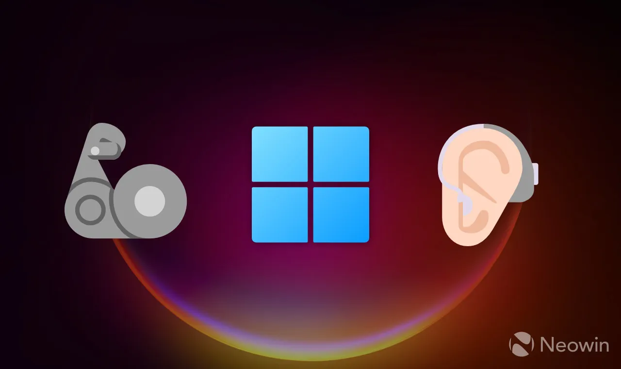 El logotipo de Windows 11 junto a un brazo protésico e íconos de audífonos