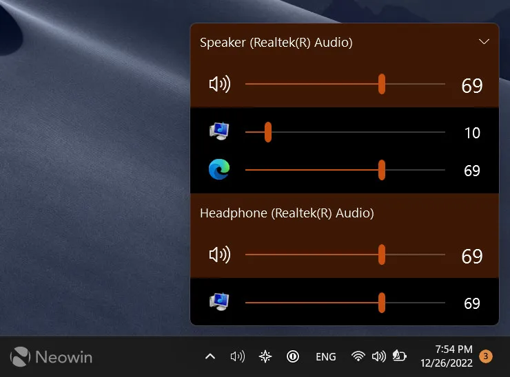 Windows 11 で EarTrumpets の音量が混合される
