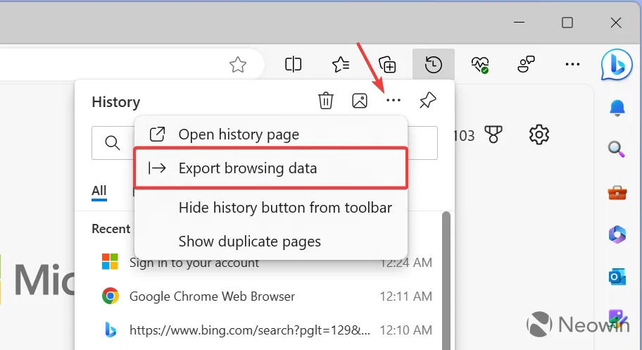 Microsoft Edge 的屏幕截圖，其中突出顯示了歷史記錄導出按鈕