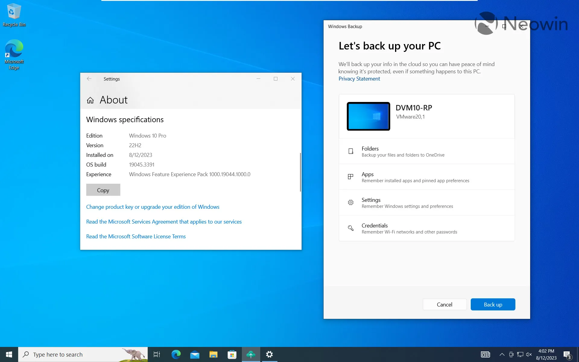 Windows 10 中的 Windows 備份應用程序的屏幕截圖