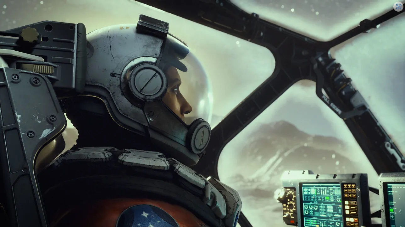Starfield 遊戲的屏幕截圖顯示一個人在太空飛船駕駛艙內