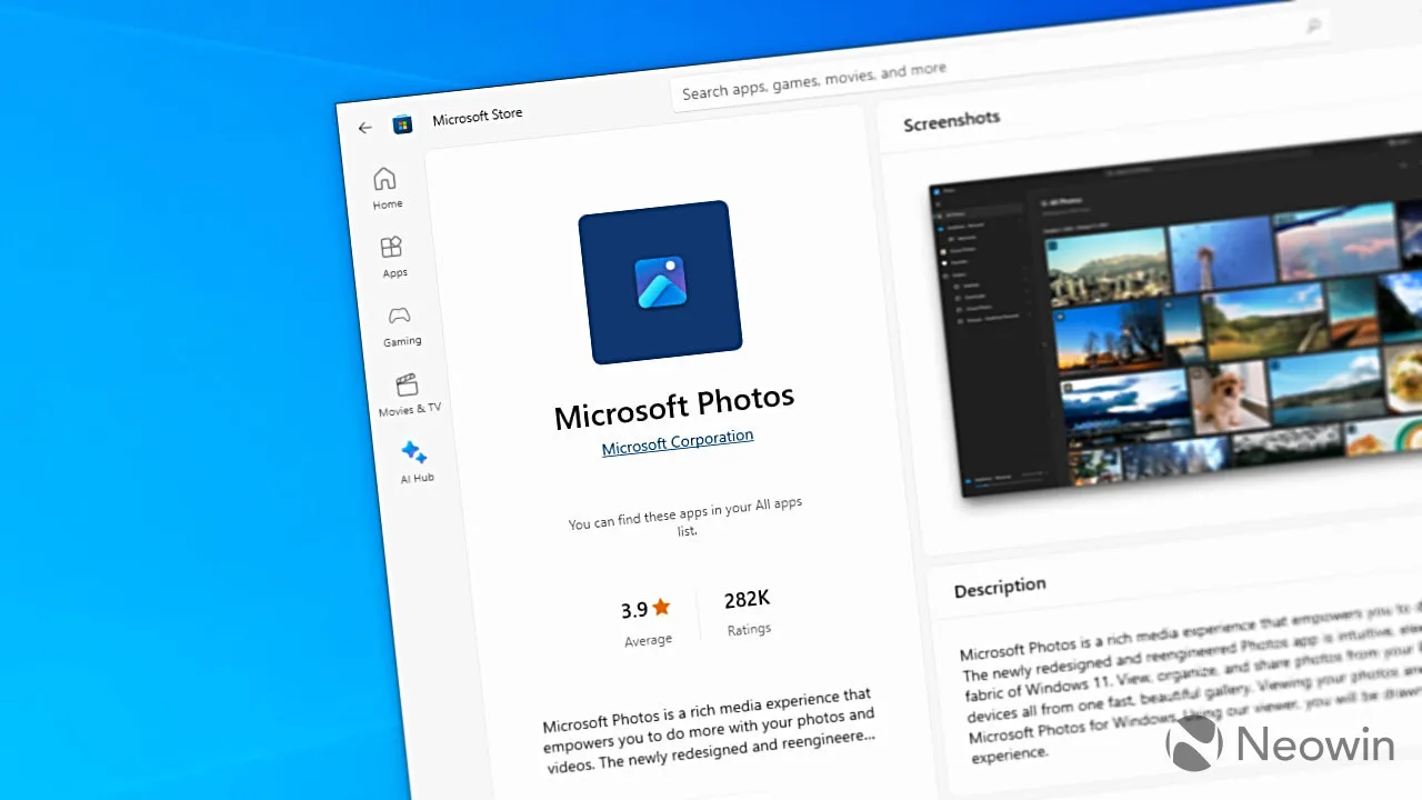 Une capture d'écran de l'application Microsoft Store avec la liste des applications Photos
