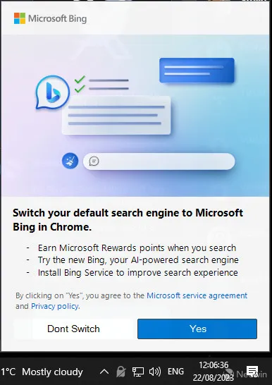 Chrome ユーザーに検索エンジンの変更を求める Microsoft Bing の広告
