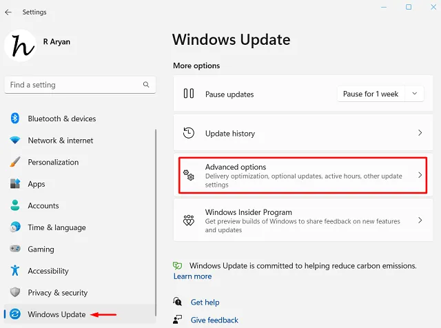 Erweiterte Optionen unter Windows Update