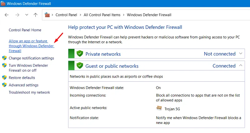 Windows Defender 방화벽을 통해 앱 또는 기능 허용
