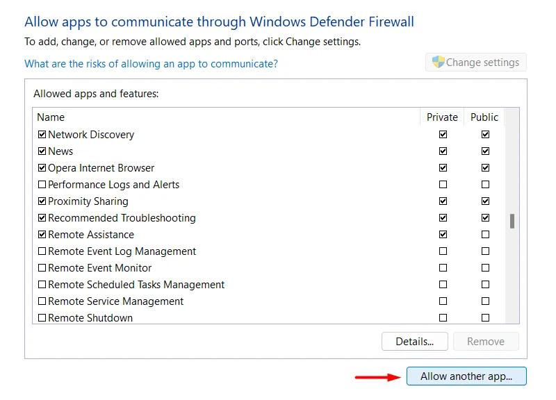 Permitir otra aplicación a través del Firewall de Windows: error de OneDrive 0x80070185