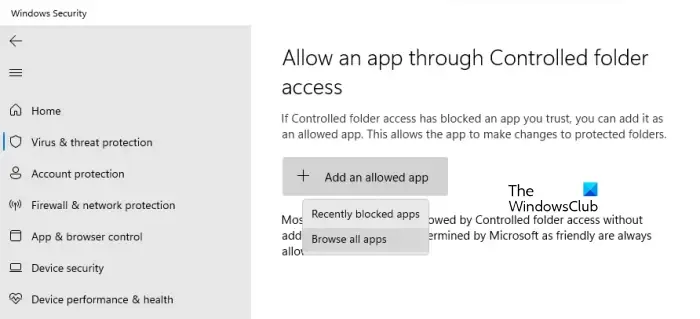 Zezwól zablokowanej aplikacji poprzez kontrolowany dostęp do folderów
