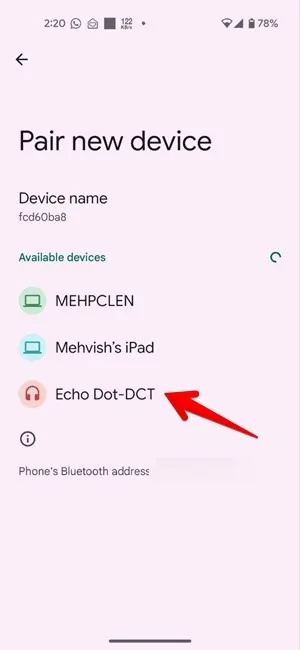 Selecione seu dispositivo Echo em Emparelhar novo dispositivo