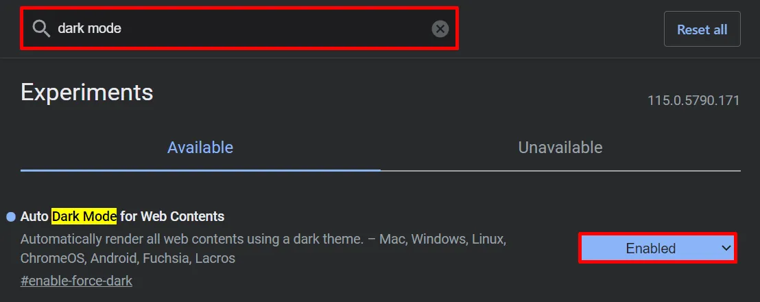 Experimentelle Funktion für den automatischen Dunkelmodus in Google Chrome.