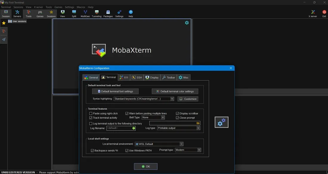 Emulador de terminal MobaXterm con cuatro pantallas divididas y múltiples toques SSH.