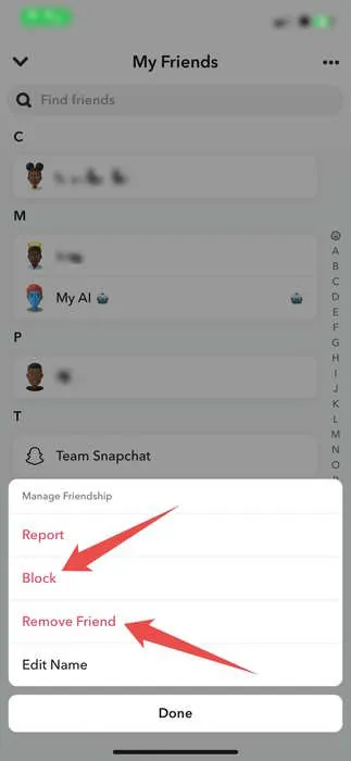 Bloccare o rimuovere un amico su Snapchat.