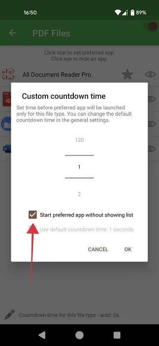 Festlegen einer benutzerdefinierten Countdown-Zeit in der Better Open With-App.