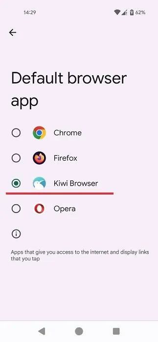 Selecionando outro navegador padrão no Android.
