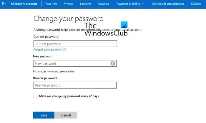 Microsoft アカウントのパスワードを変更する