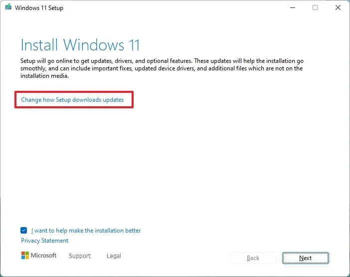 Opções de atualização de configuração do Windows 11