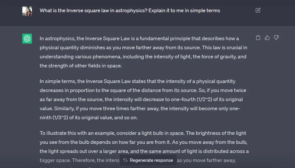 Chatgpt explicando la ley del cuadrado inverso