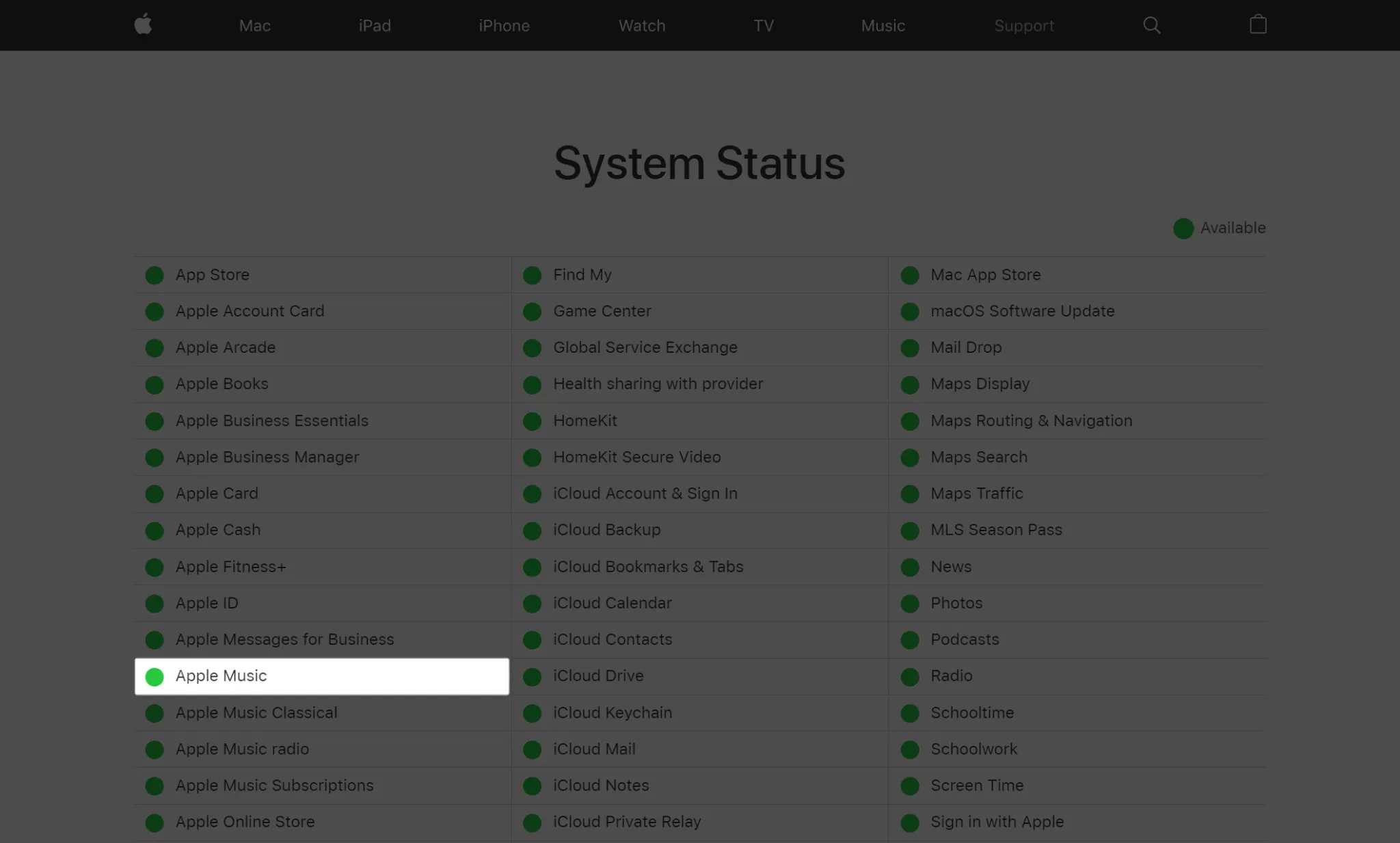 Verifique o status do sistema Apple Music