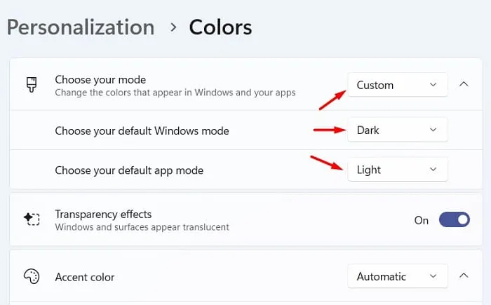escolha a cor do seu aplicativo padrão e do Windows