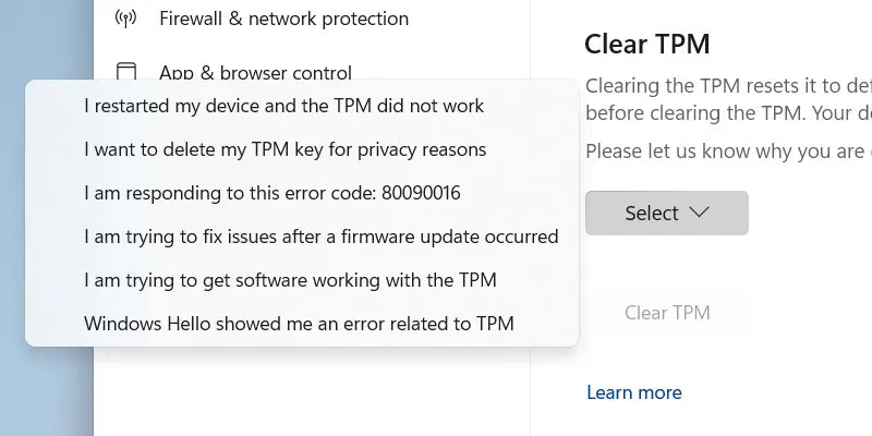 Selezione del motivo per la cancellazione del TPM in Sicurezza di Windows.