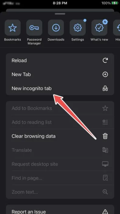 Auswählen eines neuen Icognito-Tabs in der Chrome-App