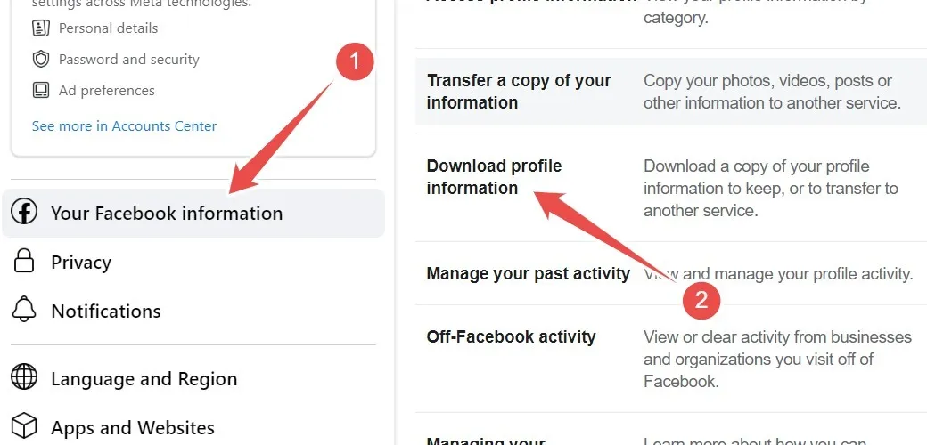 Facebook 웹사이트 설정에서 프로필 정보를 다운로드하는 옵션 선택