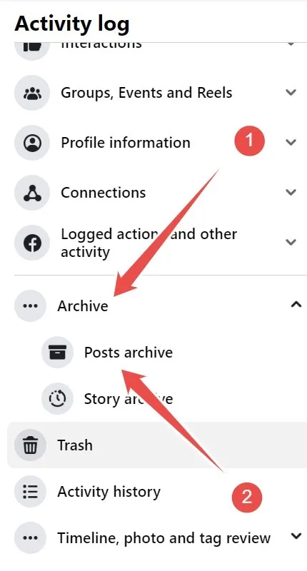 Scelta dell'opzione di archiviazione dei post nel menu Registro attività sul sito Web di Facebook