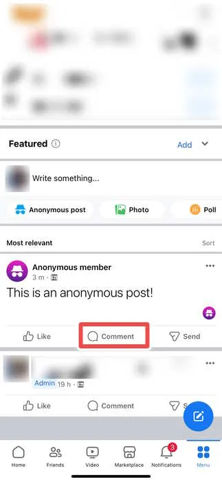 Elegir escribir un comentario anónimo en la aplicación de Facebook
