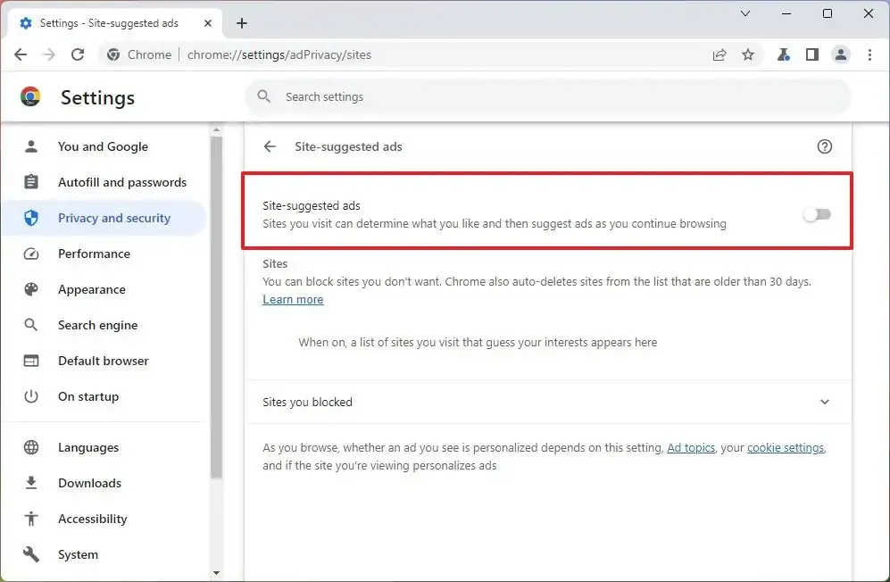 Chrome deaktiviert von der Website vorgeschlagene Anzeigen