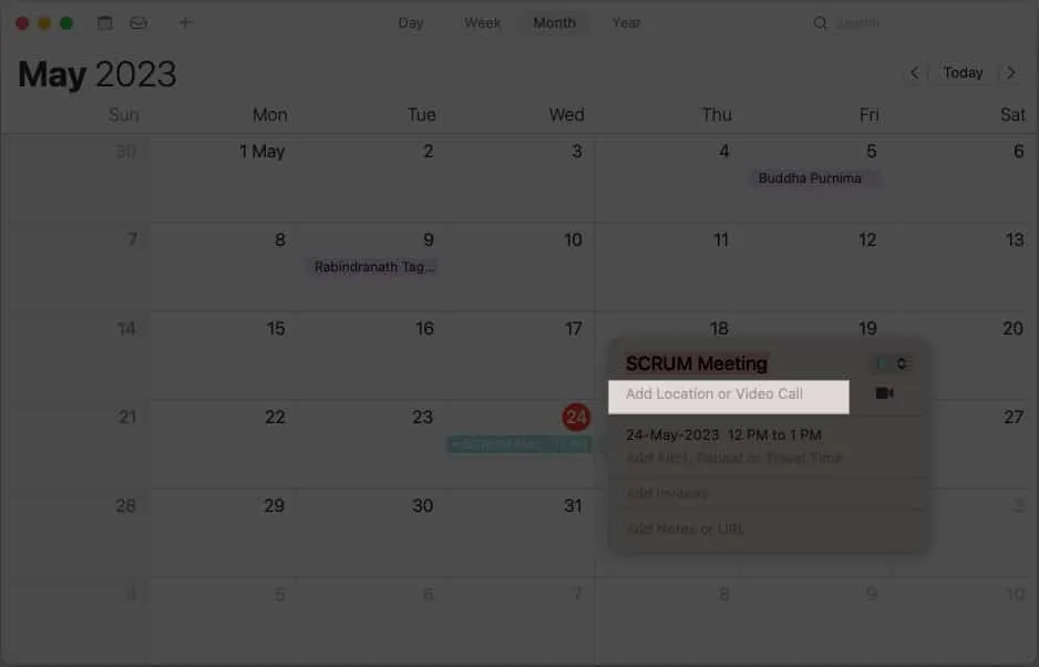 Klicken Sie im Kalender auf dem Mac auf Standort oder Videoanruf hinzufügen