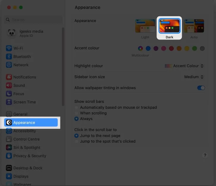 Klik op Vormgeving en selecteer Donker in macOS Ventura