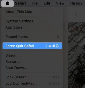 アップルのロゴをクリックし、Safariを強制終了します