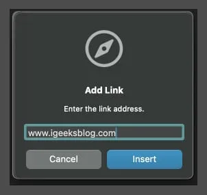 リンクをクリックし、リンクを貼り付け、自由形式で挿入をクリックします