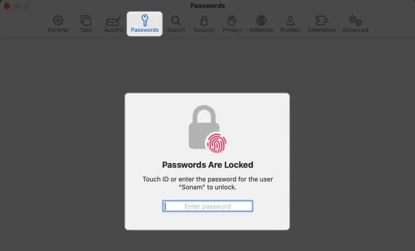 「パスワード」をクリックし、Mac のパスワードを入力します。