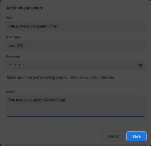 Klik op Opslaan om het Instagram-wachtwoord in Chrome op te slaan