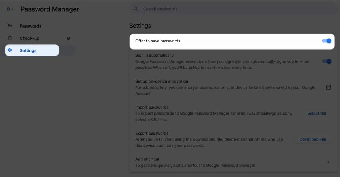 設定をクリックし、Google パスワード マネージャーにパスワードを保存するオファーをオンに切り替えます