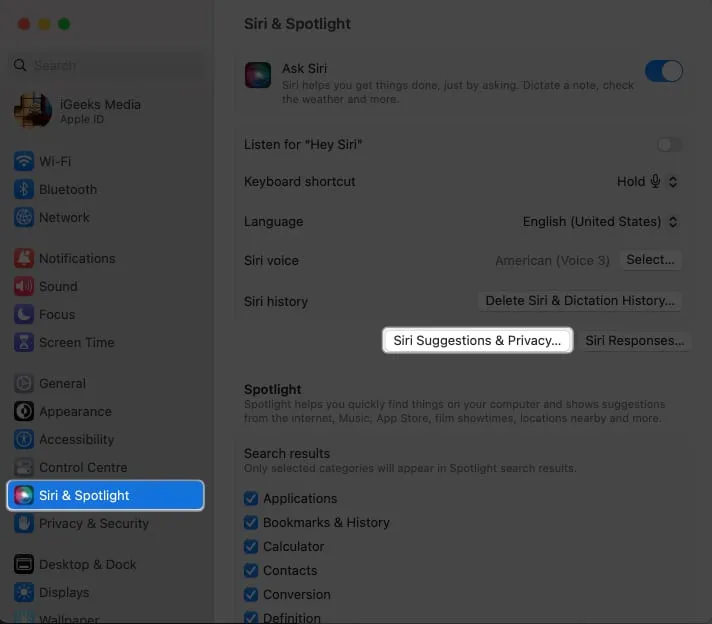 Klik op Siri-suggesties en privacy van Siri en Spotlight