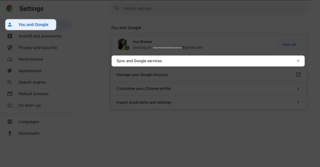 Klicken Sie in den Chrome-Einstellungen auf „Synchronisieren und Google-Dienste“.