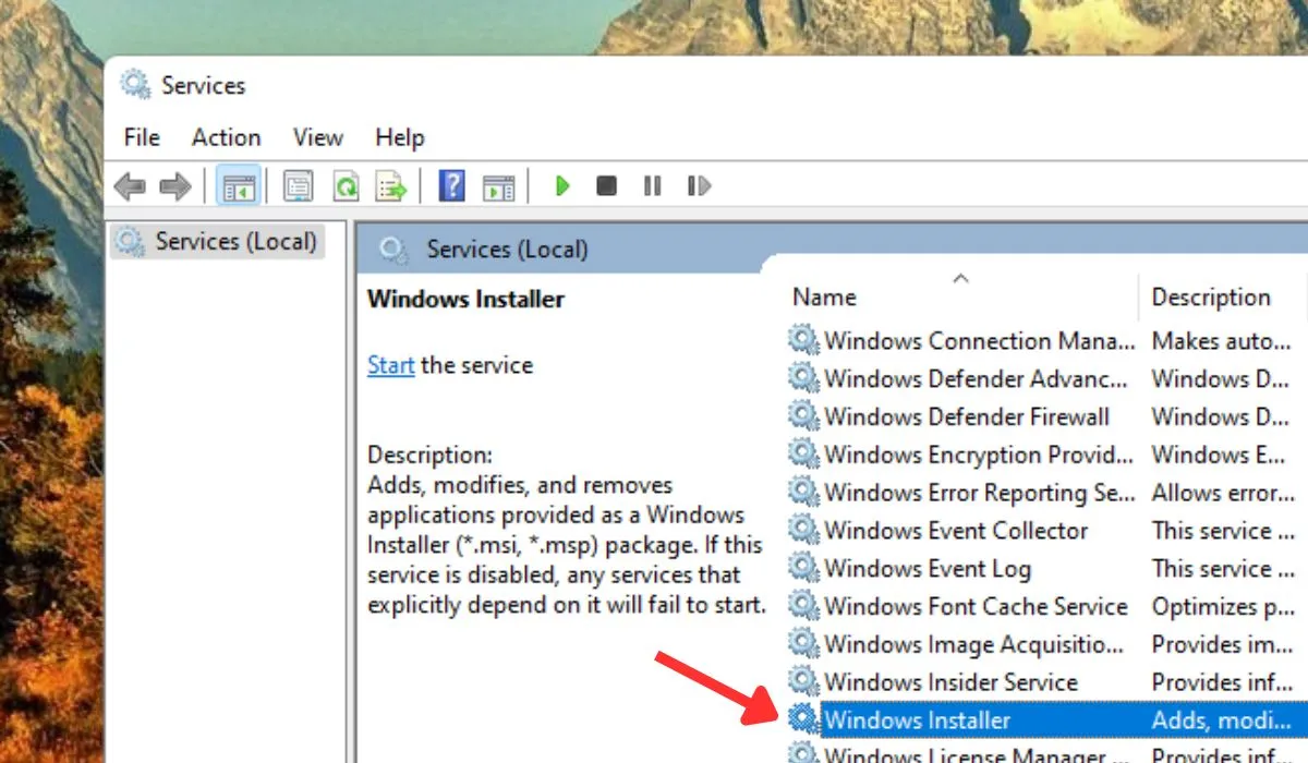 Klicken Sie mit der rechten Maustaste auf den Windows Installer-Dienst.