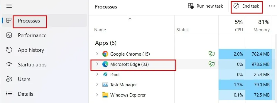 Seleccionando Microsoft Edge desde el Administrador de tareas.