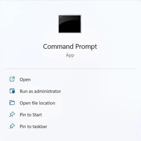 Esecuzione del prompt dei comandi come amministratore tramite Windows Search.