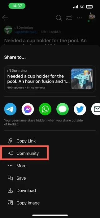 Community-optie Reddit-app gemarkeerd