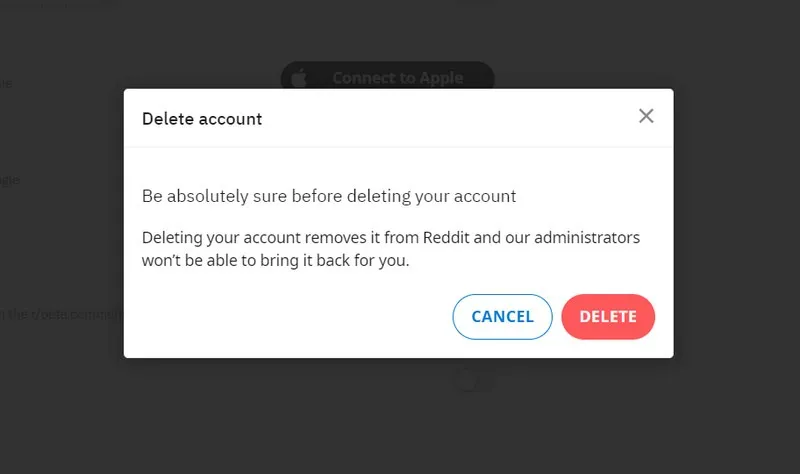 Conferma l'eliminazione dell'account Reddit