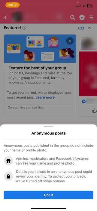 Conferma di creare un post anonimo sull'app di Facebook